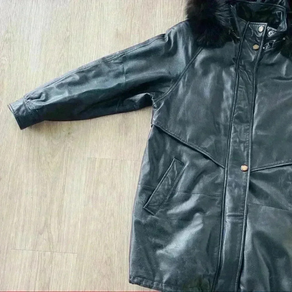 VINTAGE BLACK LEATHER FUR WINTER  WOMAN COAT SIZE XS - Picture 16 of 16